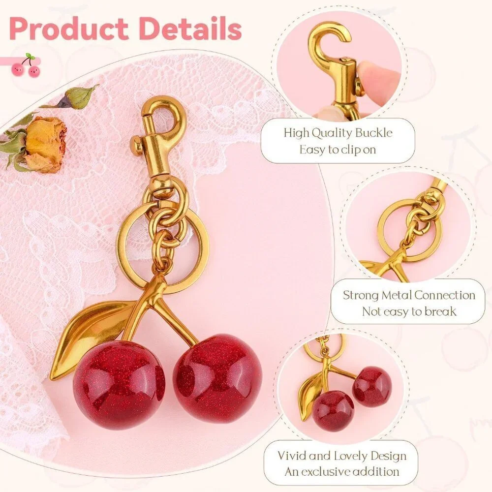 Women's Red Cute Charm Metal Clasp Stylish Cherry Decorate Keychain Handbag